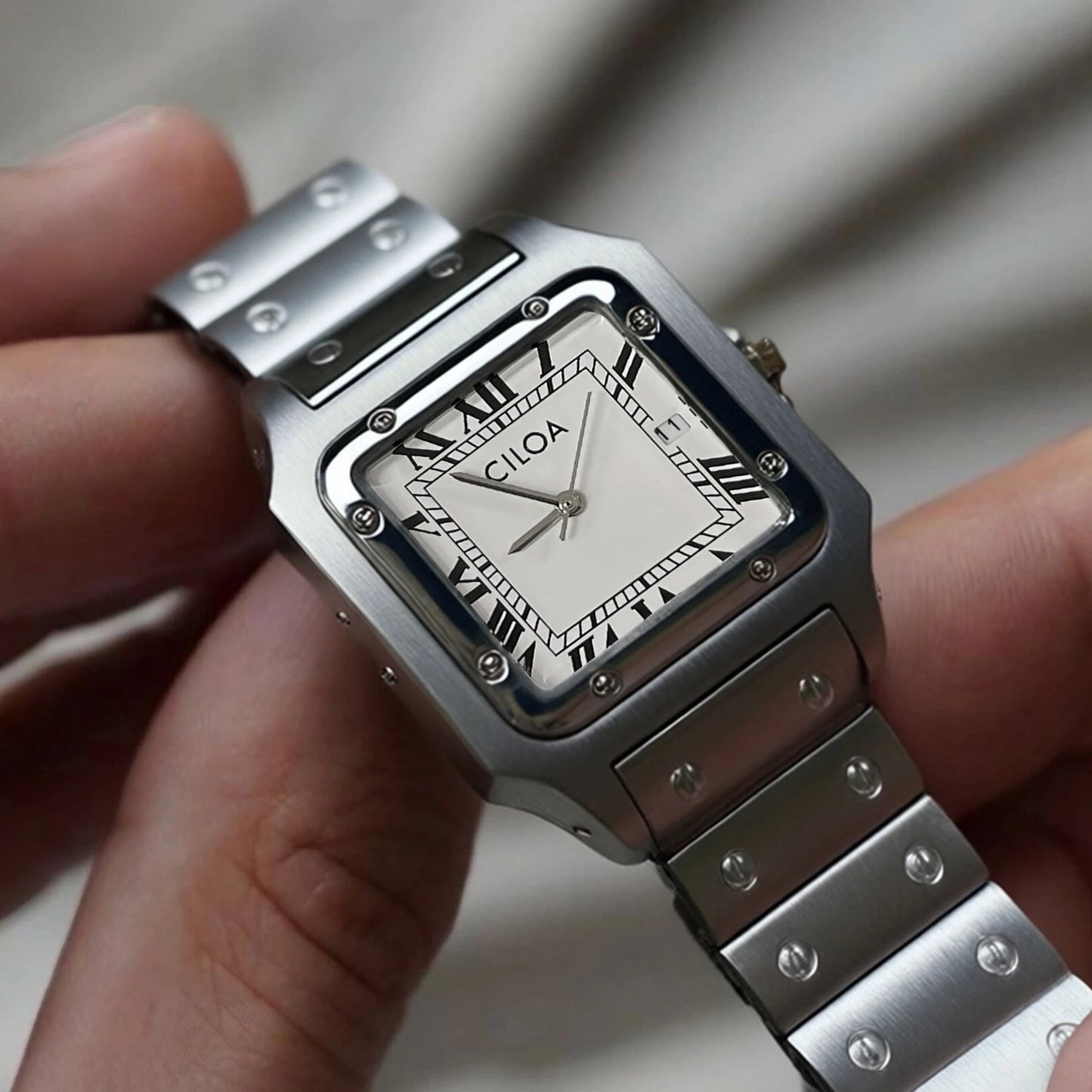Ellis Steel Bracelet Square Watch silver dial detail