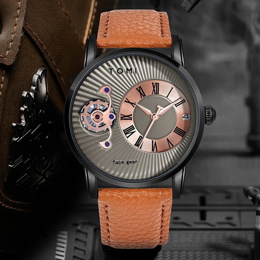 Grayson Minimalist Watch Set black case with tan faux leather strap