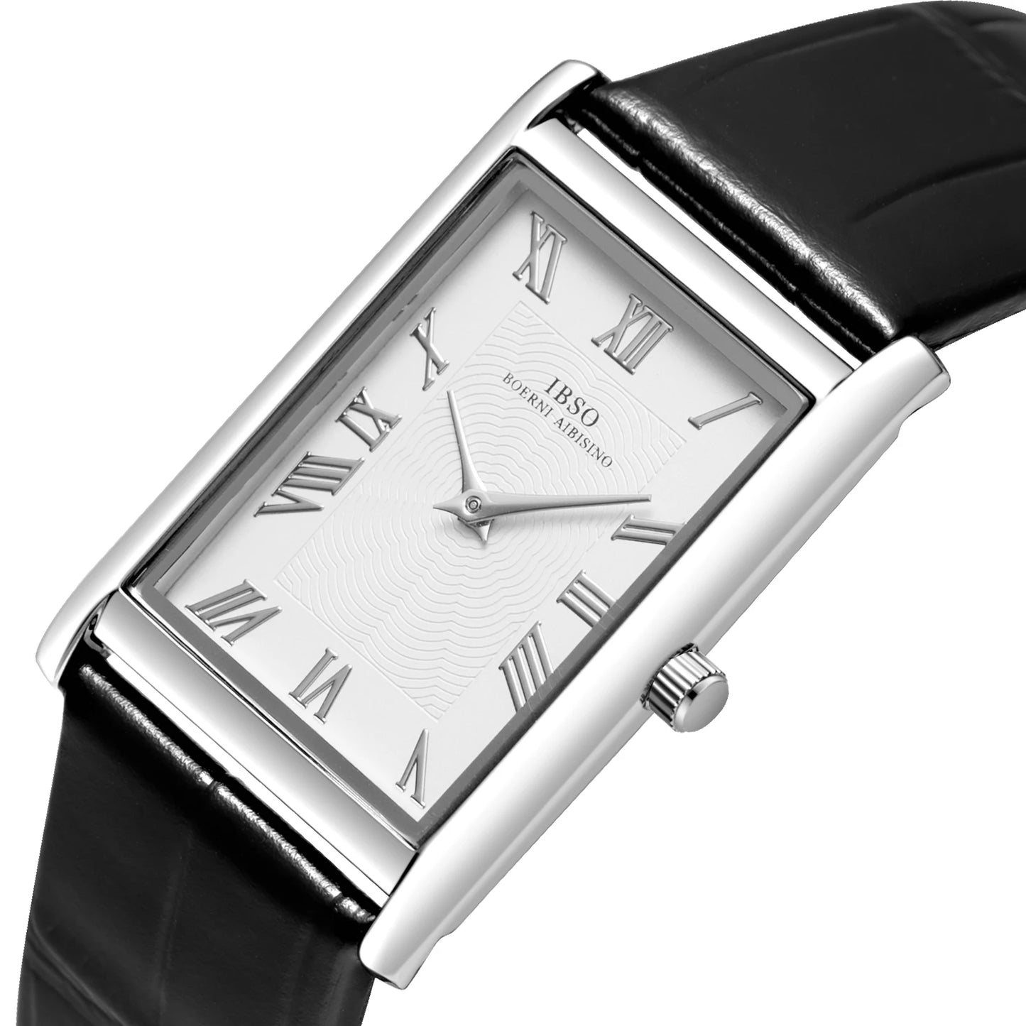 Carlyle rectangular dress watch, angled view of the silver-tone case and white textured dial