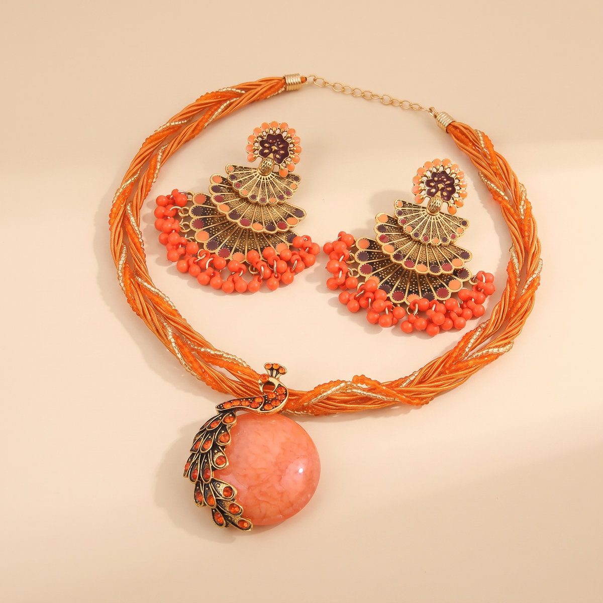 Alba-Beaded-Peacock-Jewelry-Set Coral Orange — flatlay 3