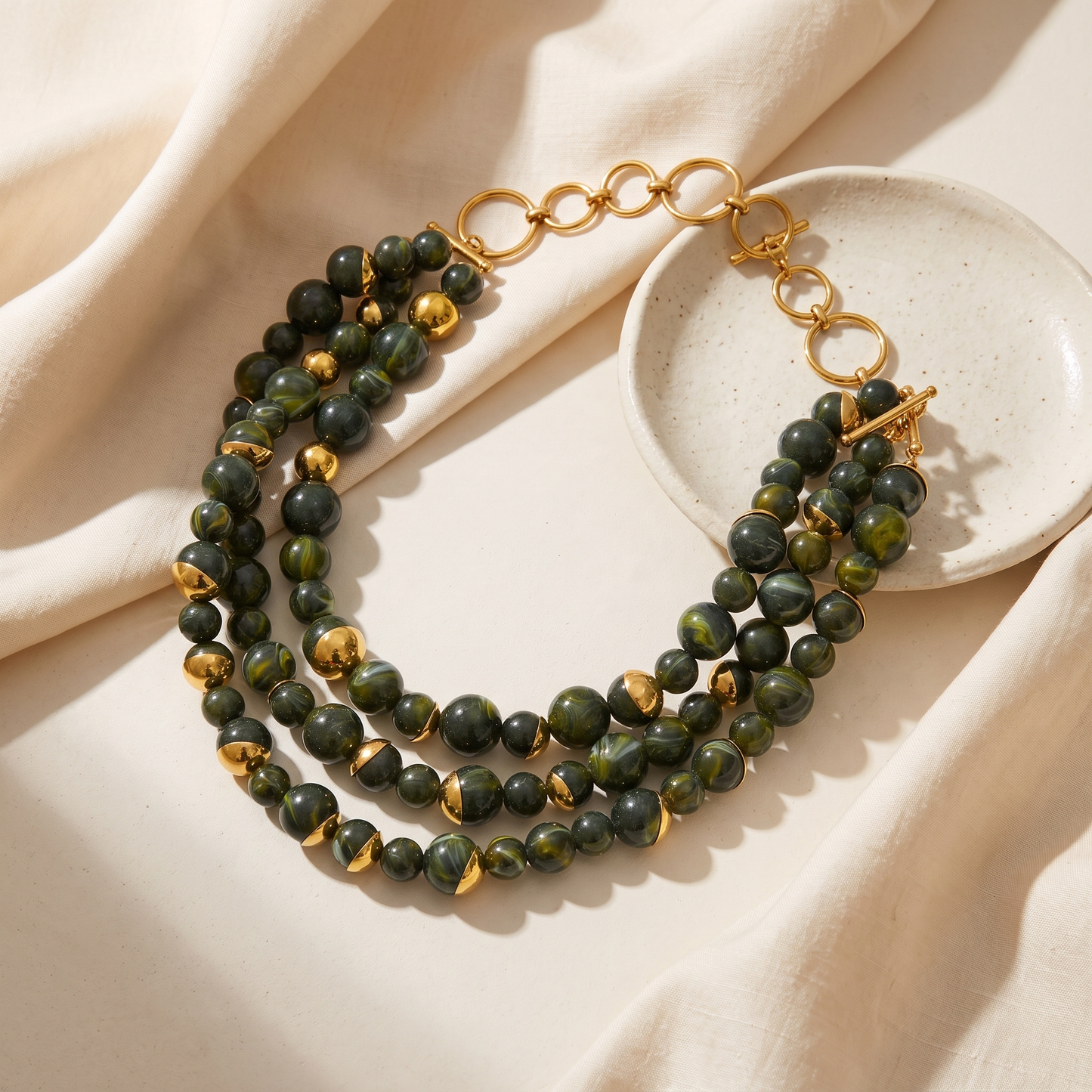 Positano-Beaded-Pearl-Necklace Forest Green — flatlay 1