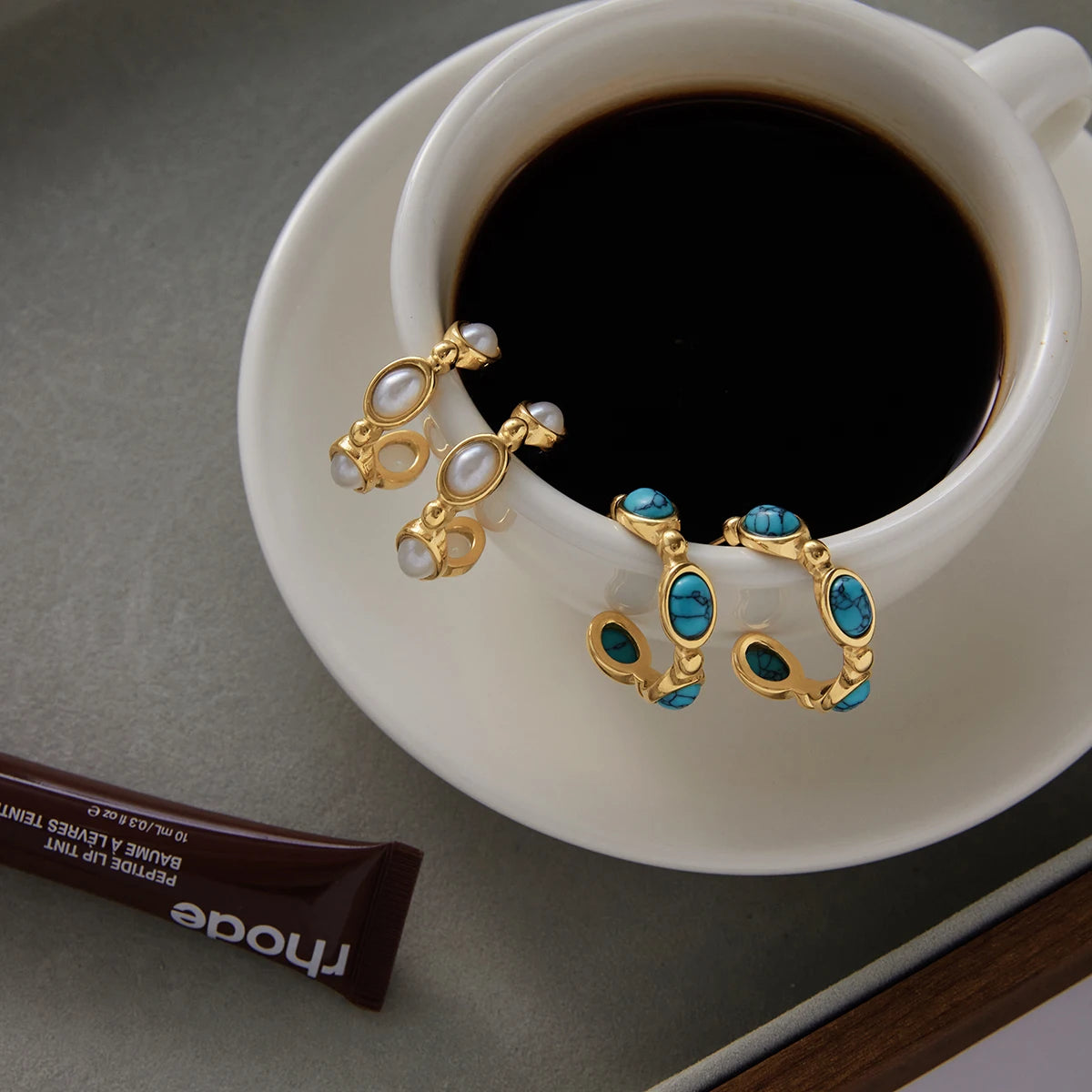 Santorini earrings with coffee, both colorways