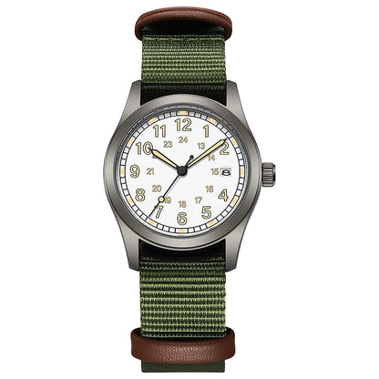 Josie Field Watch in White Olive, white dial on an olive nylon strap