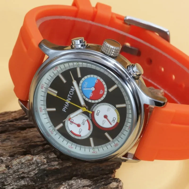 Corsa Racing Chronograph Watch angled view of the black dial and polished alloy case