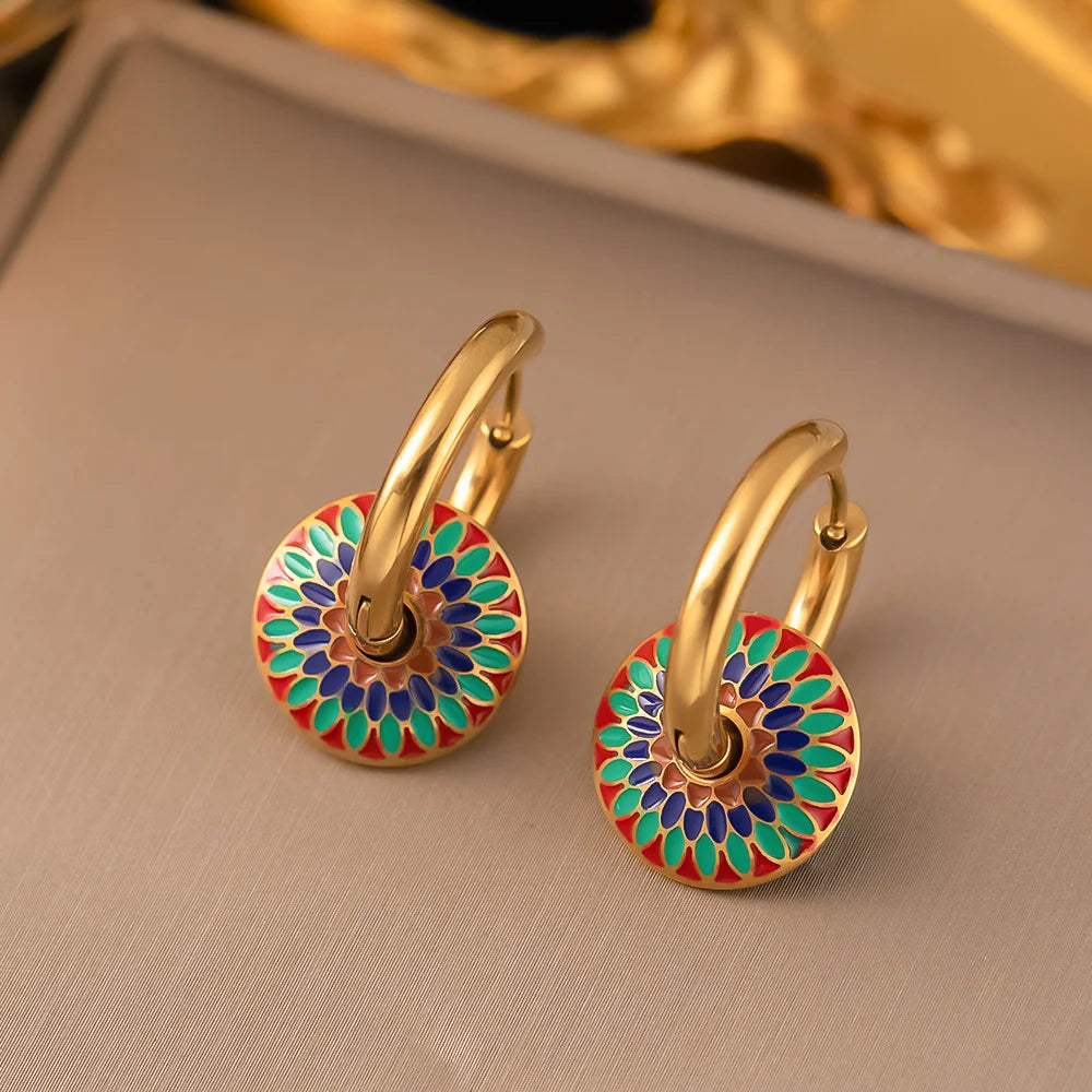 Lucia gold-tone hoop earrings with red, green and blue enamel medallion drops