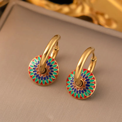Lucia gold-tone hoop earrings with red, green and blue enamel medallion drops