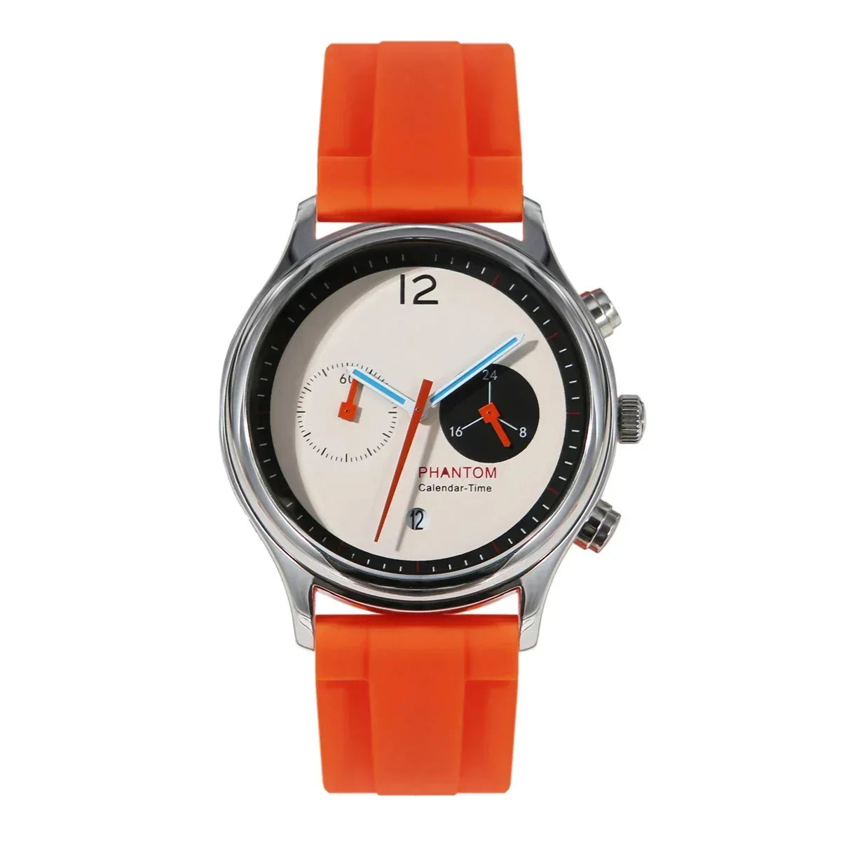 Corsa Racing Chronograph Watch with white calendar dial and orange silicone strap