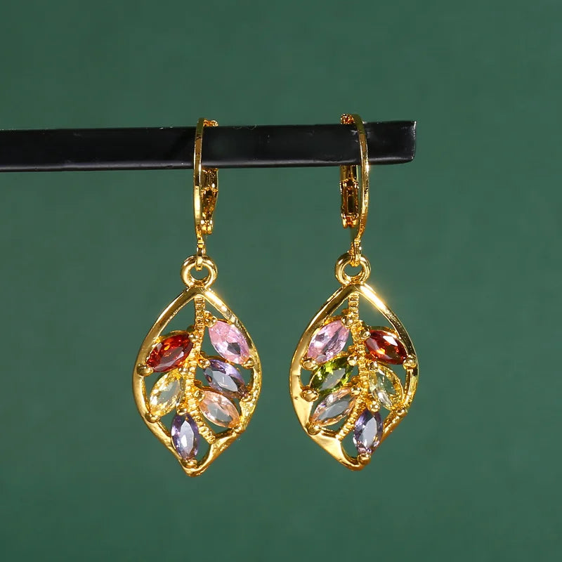 Verbena gold-tone multicolor zircon leaf drop earrings