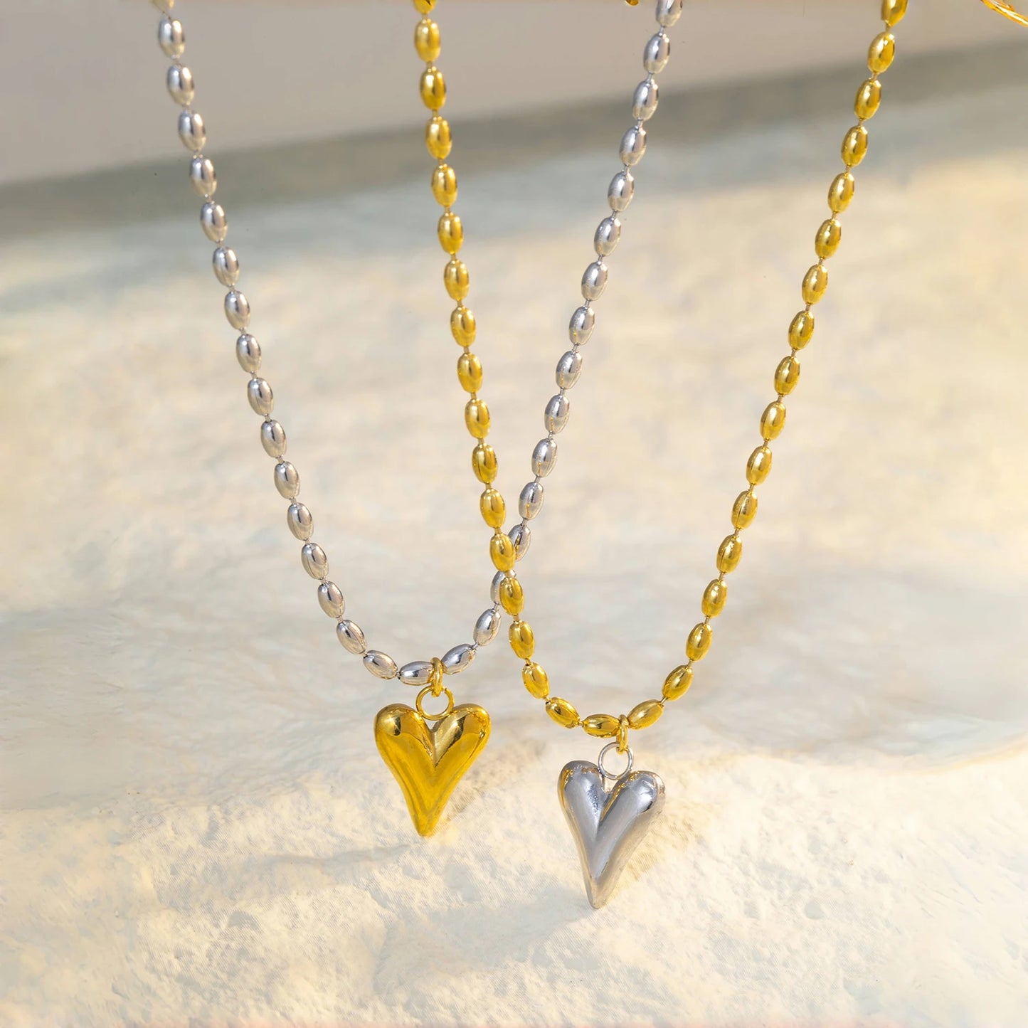 Valentina heart pendant bead-chain necklaces, styled lifestyle