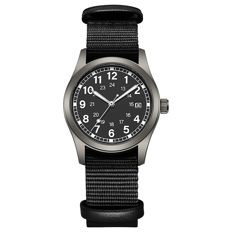 Josie Field Watch in Black, black dial on a black nylon strap