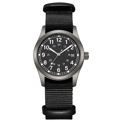 Josie Field Watch in Black, black dial on a black nylon strap