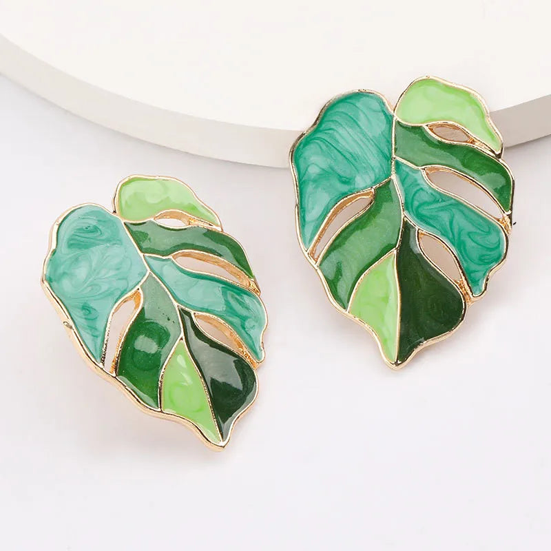 Monstera green leaf stud earrings