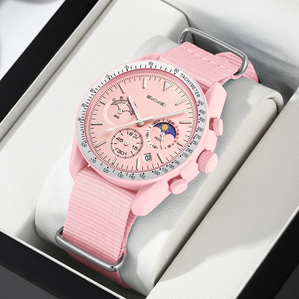 Nolan Moonphase Nylon Watch in blush pink, boxed