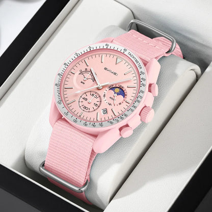 Nolan Moonphase Nylon Watch in blush pink, boxed