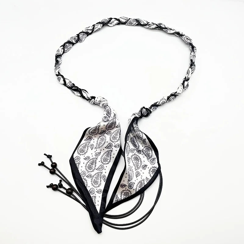 Ivy woven scarf belt in black paisley with beaded tassel ends