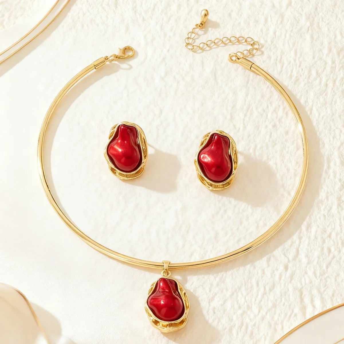 Bianca red pearl necklace and stud earring set