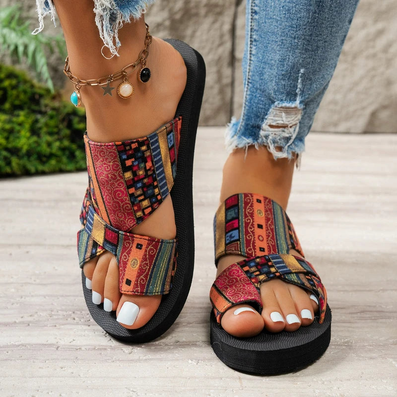 Tangier sandal in red, styled on model