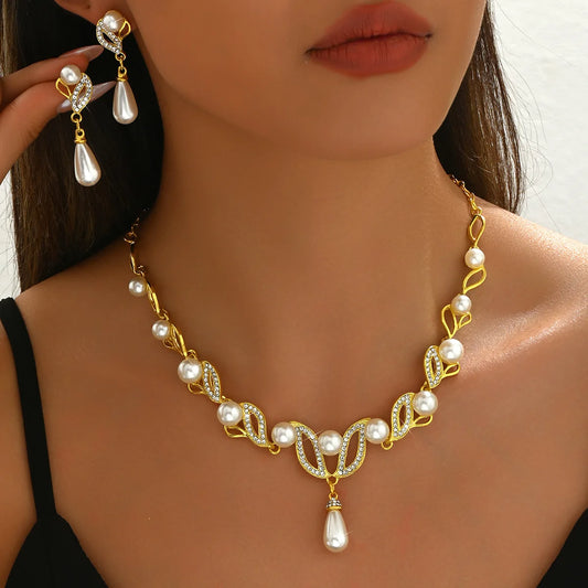 Soiree pearl necklace and earrings on model