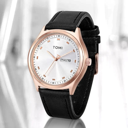 Emerson Minimalist Calendar Watch, rose gold case with black strap, styled studio shot