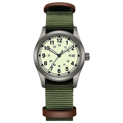 Josie Field Watch in Luminous Olive, full luminous dial on an olive nylon strap