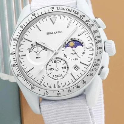 Nolan Moonphase Nylon Watch white dial close-up