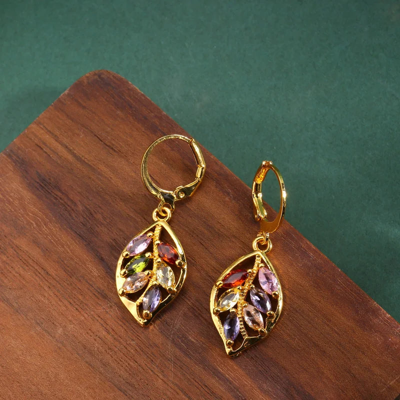 Verbena gold-tone multicolor zircon leaf drop earrings