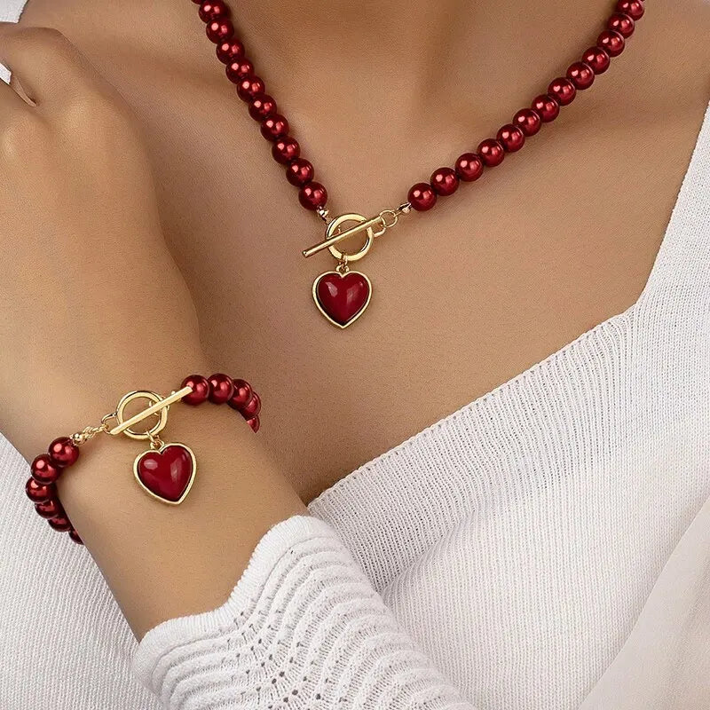 Amour burgundy pearl set on model