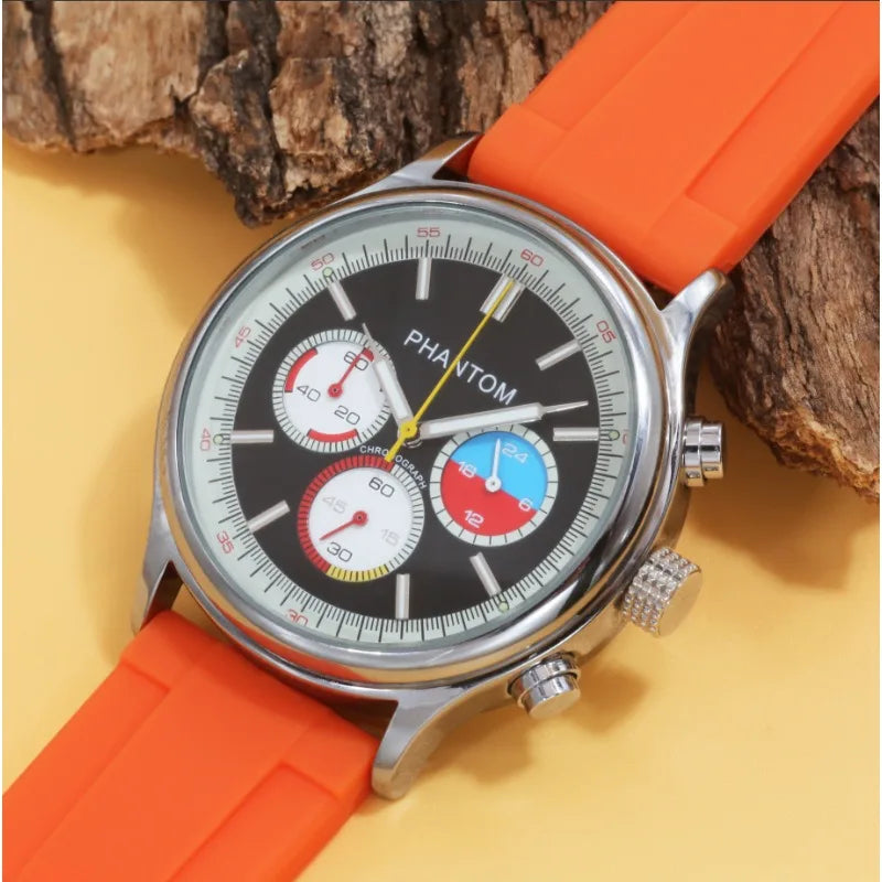 Corsa Racing Chronograph Watch with black racing dial and orange silicone strap