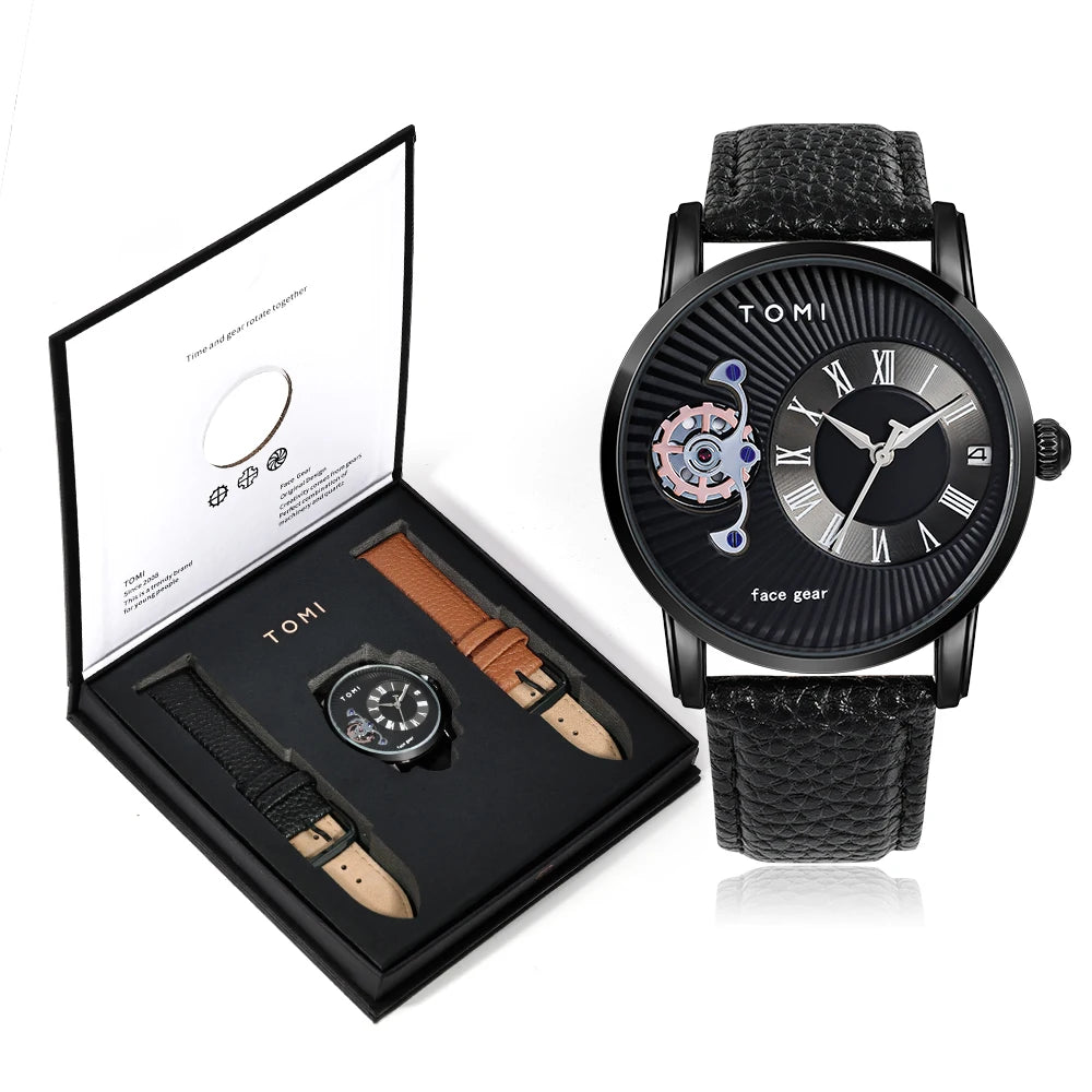 Grayson Minimalist Watch Set black gift box with watch and two straps
