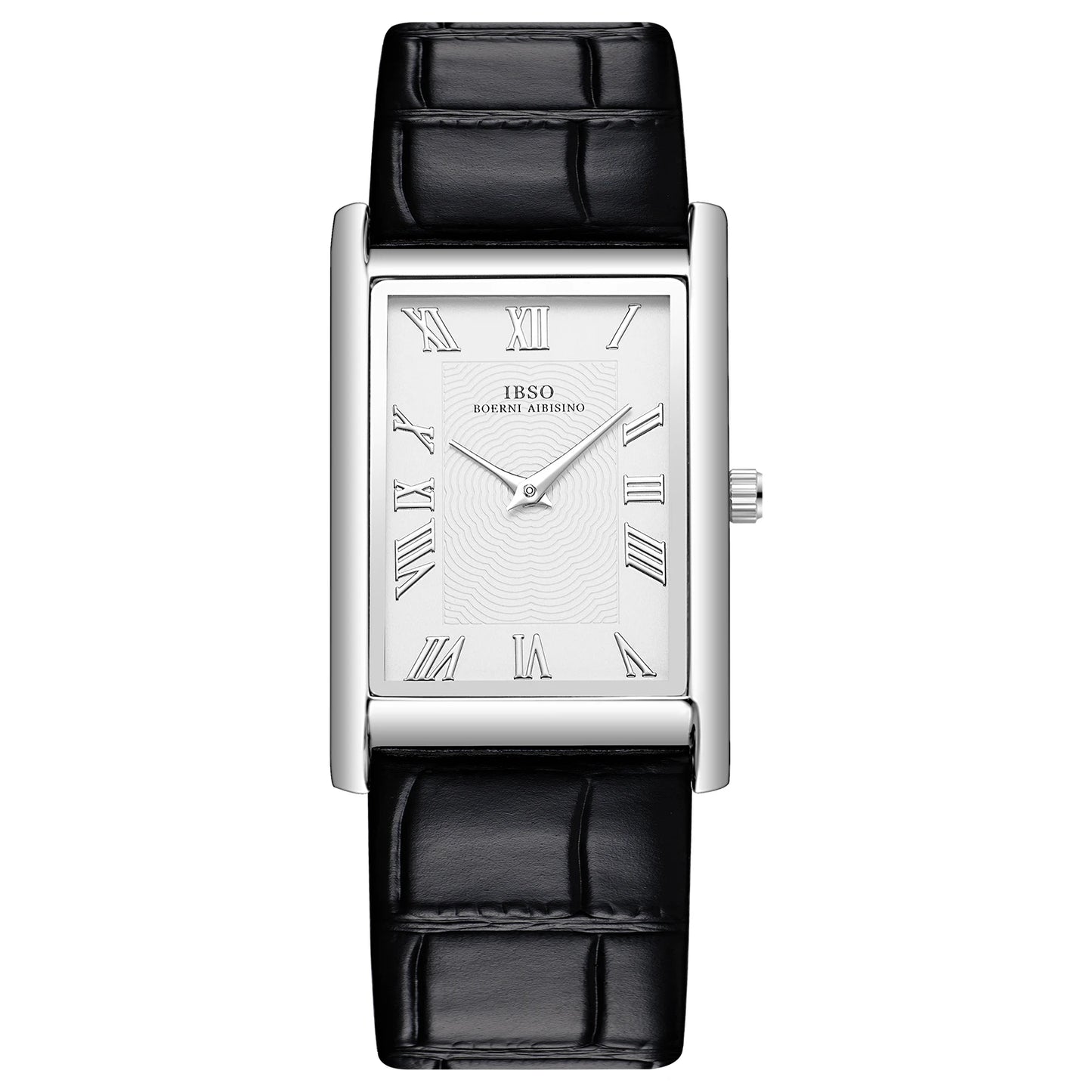 Carlyle rectangular dress watch, silver-tone case with white dial on a black leather strap