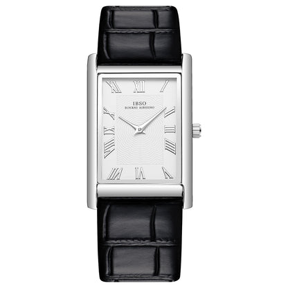 Carlyle rectangular dress watch, silver-tone case with white dial on a black leather strap