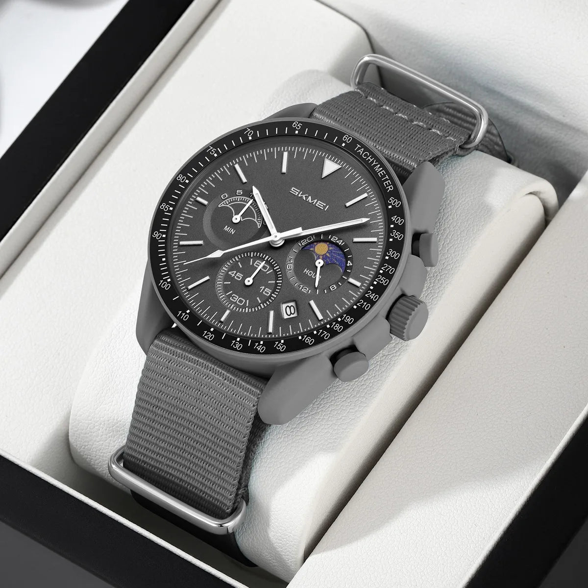 Nolan Moonphase Nylon Watch in slate grey, boxed