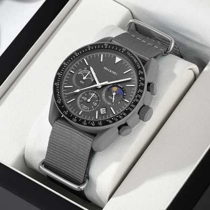 Nolan Moonphase Nylon Watch in slate grey, boxed
