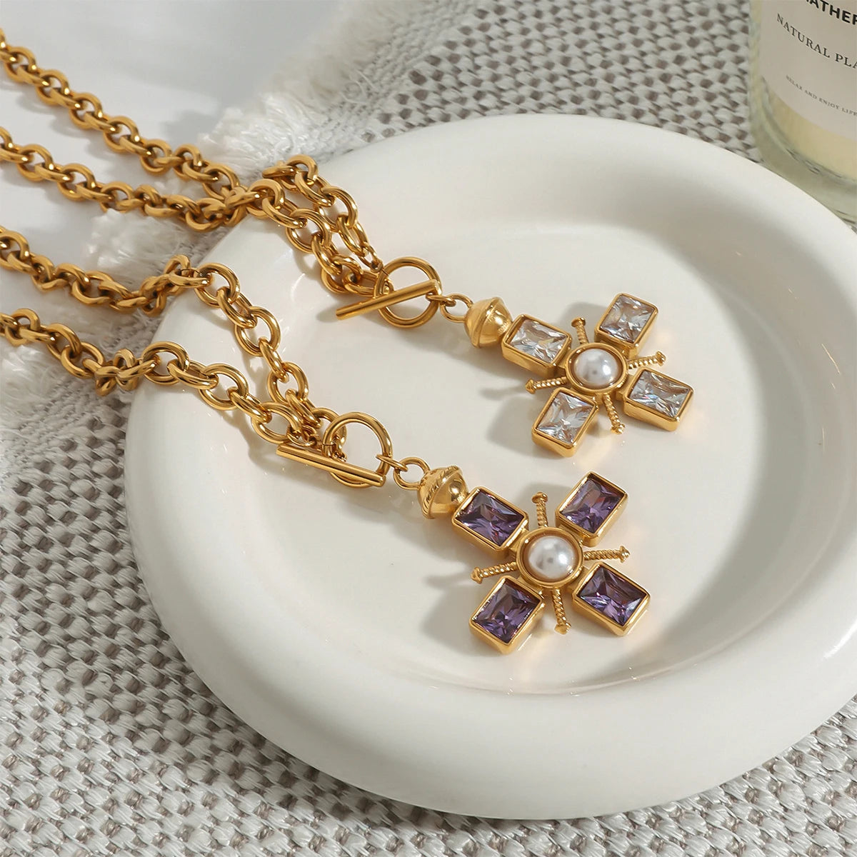 Verity cross pendant necklace, white and purple