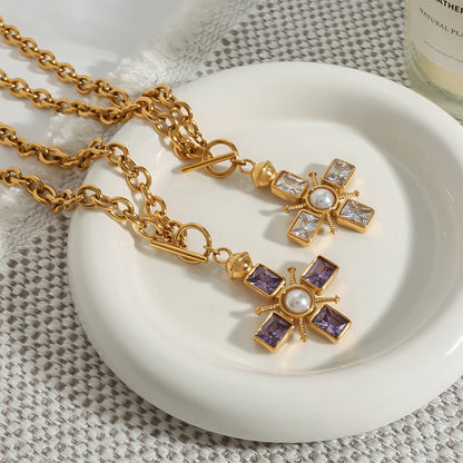 Verity cross pendant necklace, white and purple