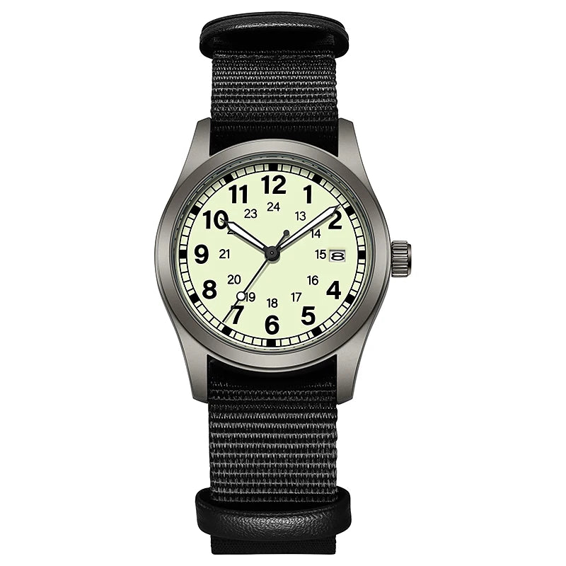 Josie Field Watch in Luminous Black, full luminous dial on a black nylon strap