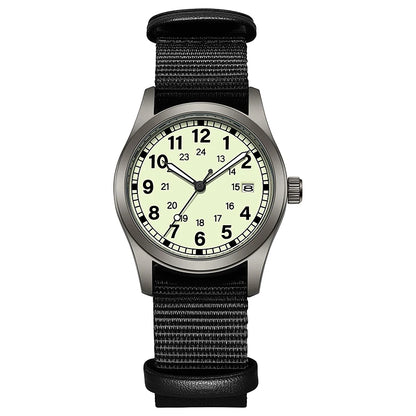 Josie Field Watch in Luminous Black, full luminous dial on a black nylon strap