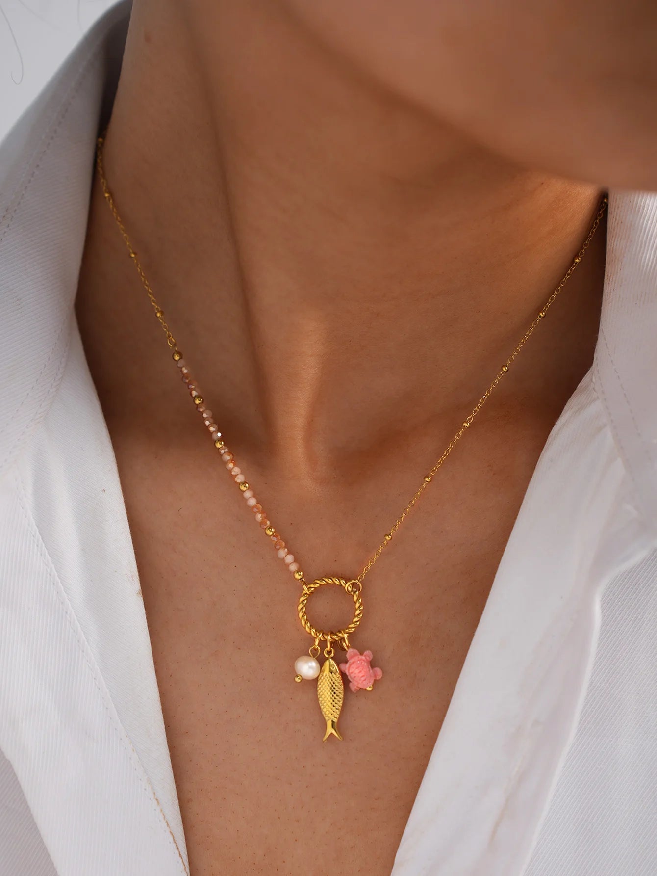 Marina necklace worn, model