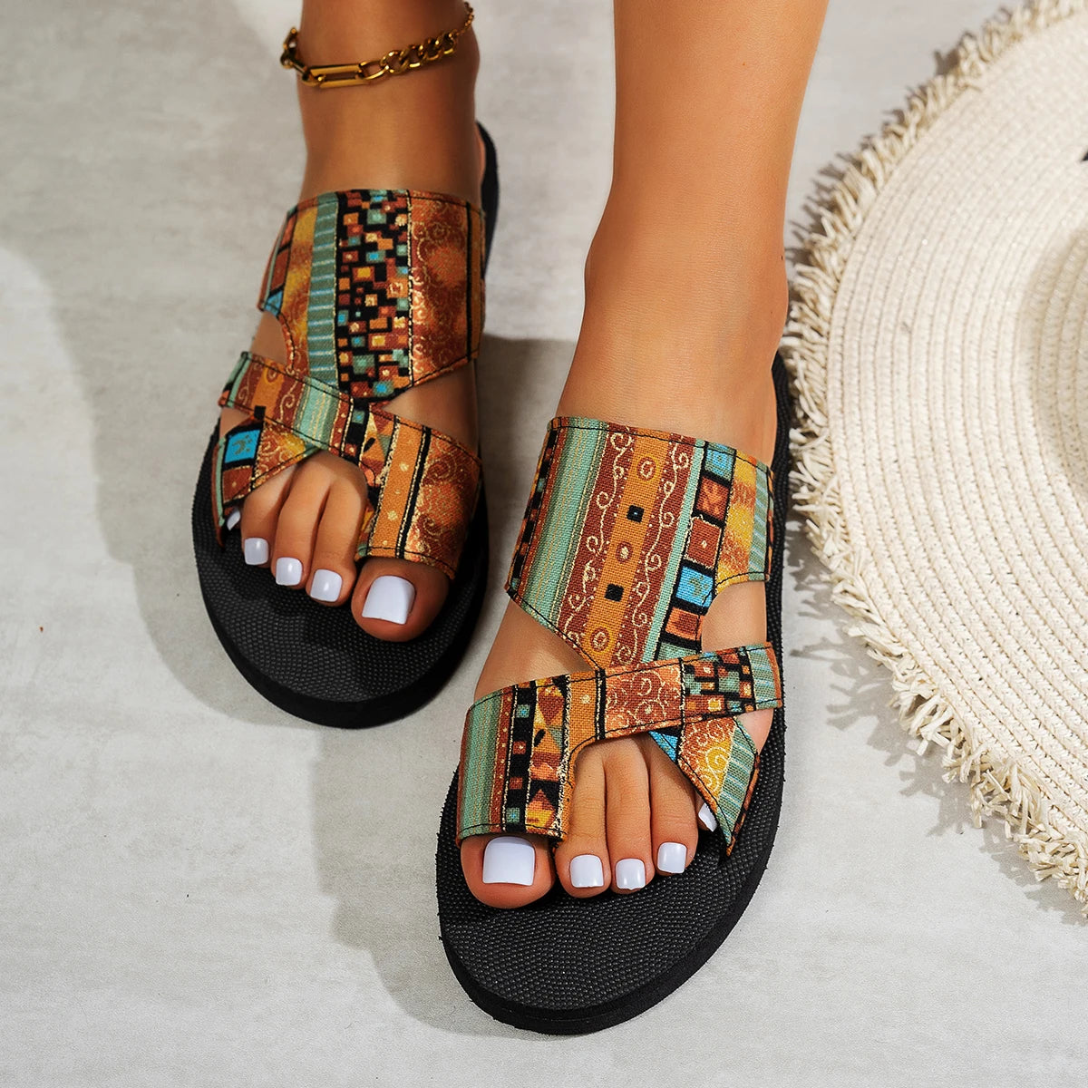 Tangier sandal in amber, on model