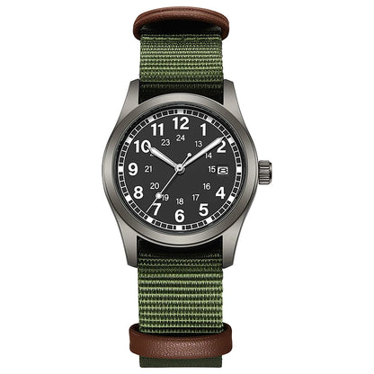 Josie Field Watch in Black Olive, black dial on an olive nylon strap