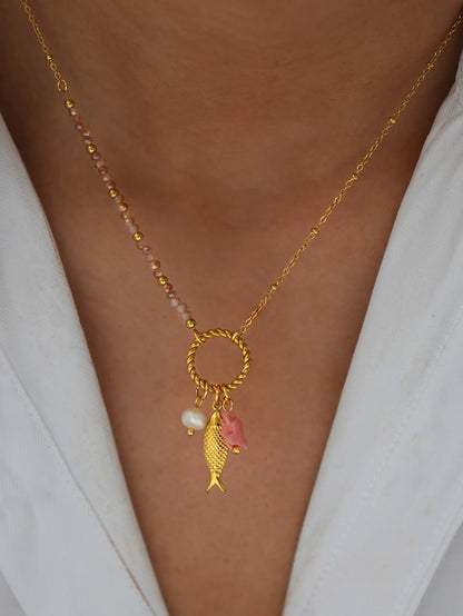 Marina necklace worn, model