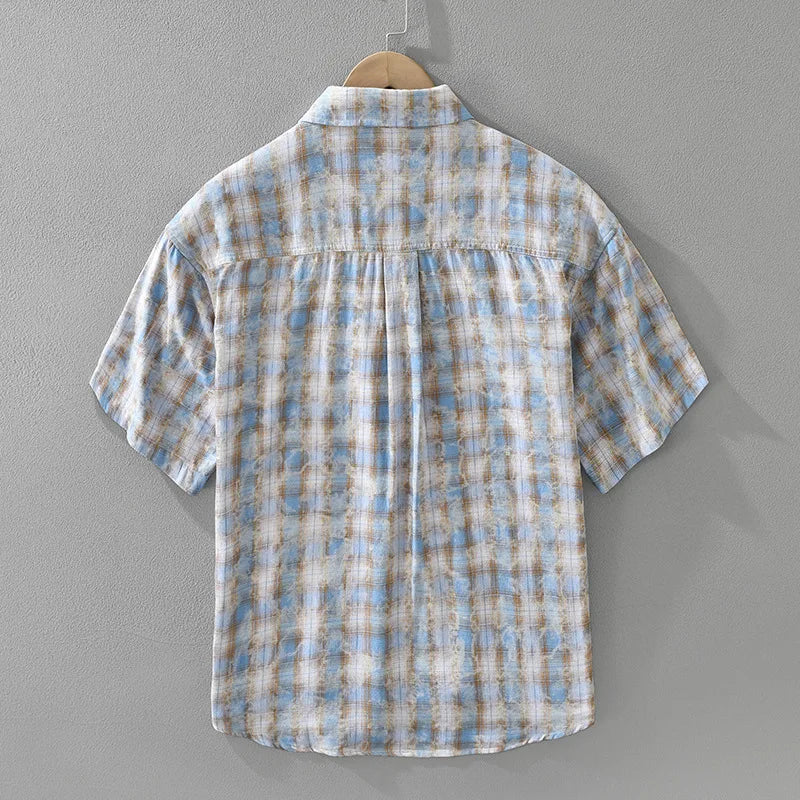 Porter plaid short-sleeve shirt in Blue, back