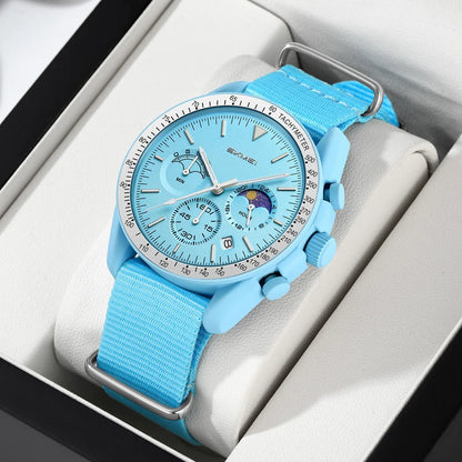 Nolan Moonphase Nylon Watch in sky blue, boxed