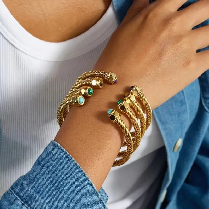 Reina cuff bracelets stacked on wrist