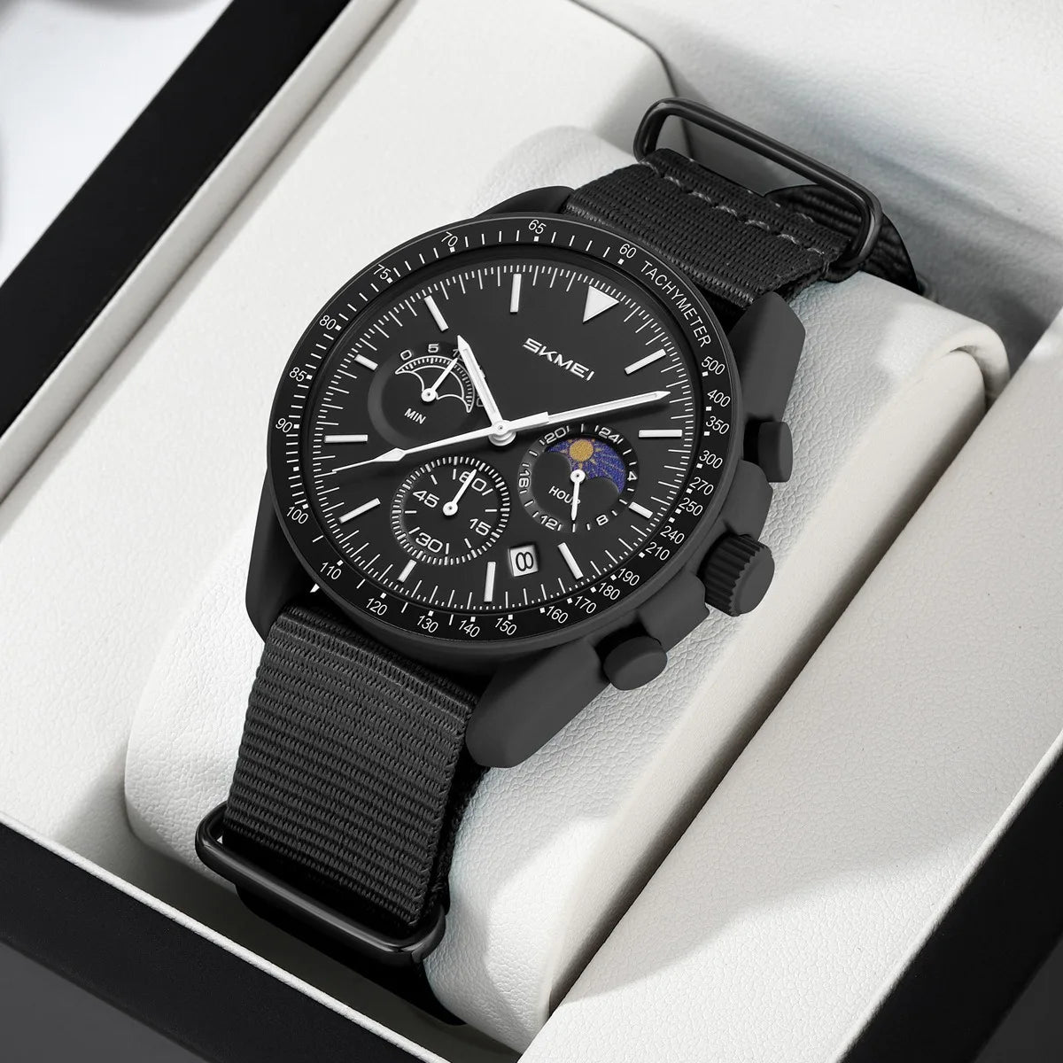 Nolan Moonphase Nylon Watch in black, boxed