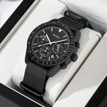 Nolan Moonphase Nylon Watch in black, boxed