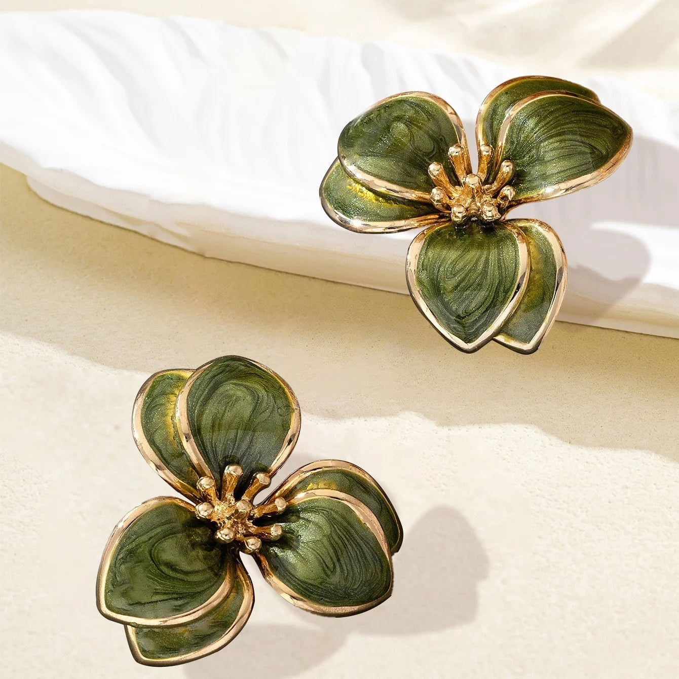 Flora enamel flower stud earrings in olive