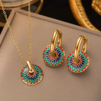 Lucia enamel medallion jewelry set, gold hoop earrings and pendant necklace with red, green and blue enamel medallions