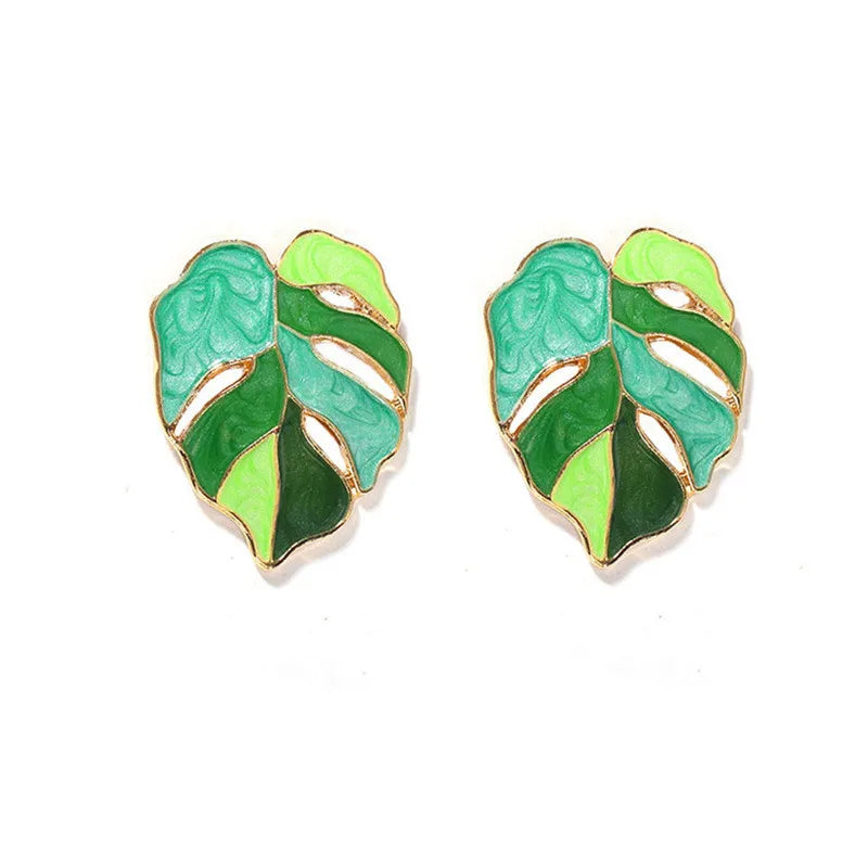 Monstera green leaf stud earrings pair