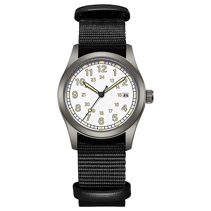 Josie Field Watch in White Black, white dial on a black nylon strap